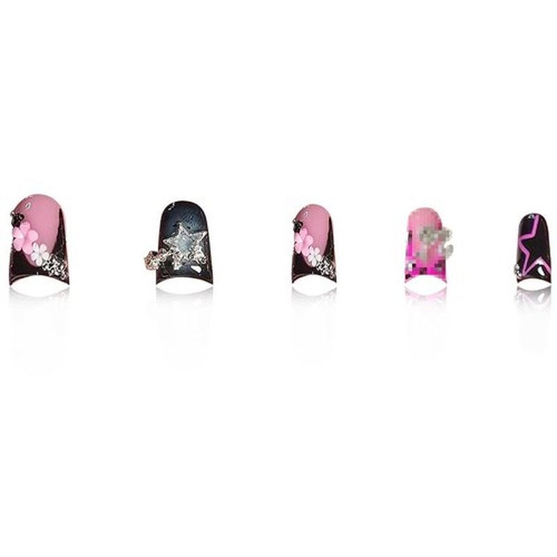 Black Press on Nails Duck Fake Nails with Star Design French Tip Nail Press ons Glossy Stick on Nails Reusable Artificial Acrylic Full Cover Short Nail press ons for Women Manicure 24Pcs