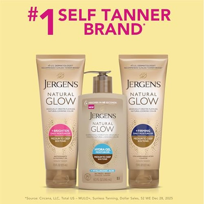 Jergens Natural Glow Hydra Gel Moisturizer, Hyaluronic Acid Tanning Lotion, Hydrating Tanning Gel, Fragrance-Free Self Tanner, Medium to Deep Skin Tones 8.3 Oz