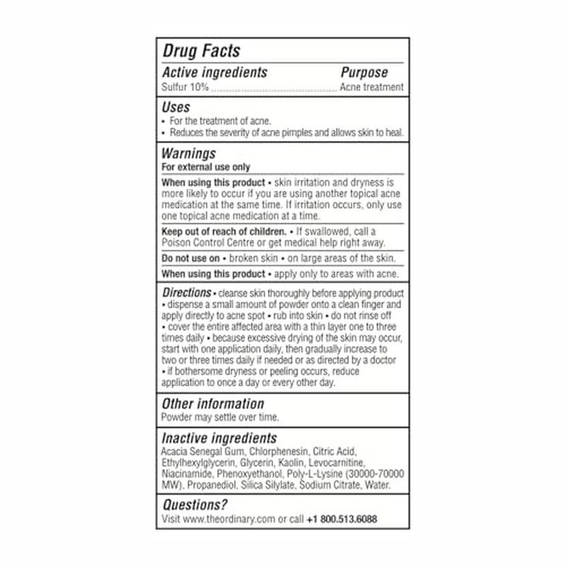 The Ordinary Sulfur 10% Powder-to-Cream Acne Spot Treatment Concentrate, Reduces Pimple Size and Zit Redness, 0.18 Oz