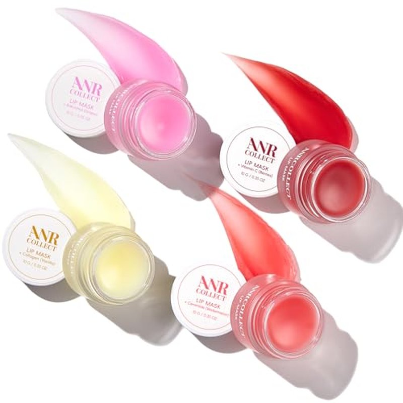 ANRCOLLECT Lip Mask Overnight Set, 4Pcs Lip Care Hydration Treatment Exfoliator Mask Kit, Revives & Nourishes Gift Set for All Day Moisturizing with Collagen & Shea Butter, Valentines Day Gifts