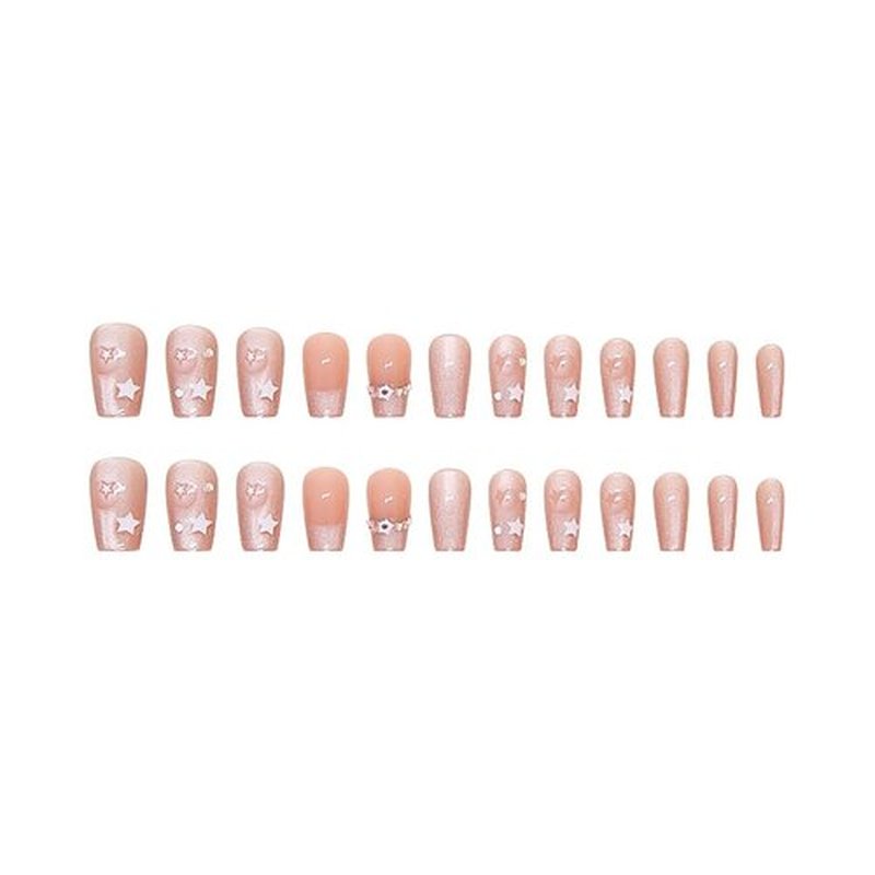 RikView Coffin Press on Nails Medium Fake Nails Nude Nails with Star Rhinestones Glossy Full Cover Nails for Women 24 PCs/Set