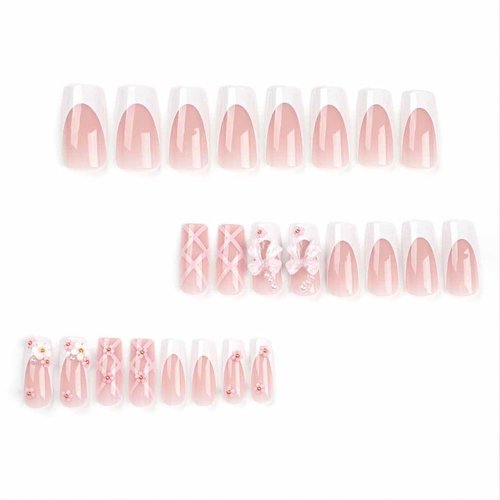 Foccna Press on Nails Medium Long Rhinestone Pink Fake Nails Square Bling Glossy 3D False Nail Tips Artificial Nails Finger Manicure for Women and Girls-24pcs