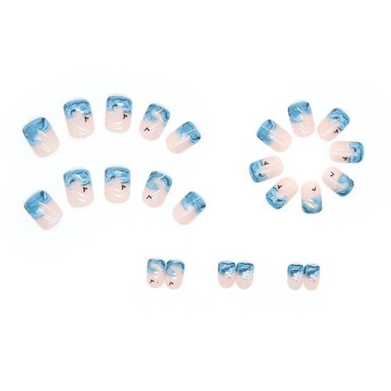 RikView French Tip Press on Nails Short Fake Nails Square Stick on Nails Nails with Waves Design Blue Nails for Women