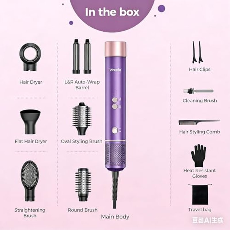Vincofy 7-in-1 Hair Dryer Brush and 1500W Hair Styler Set – Fast Drying, Curling, Straightening & Volumizing – Hot Air Styling Tool with No Heat Damage – for All Hair Types – Purple