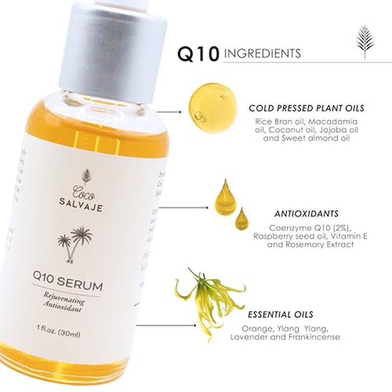 COCO SALVAJE Q10 Facial Serum | Antioxidant Wrinkle-Reducing COQ10 Vitamin E Serum for Brightening and Plumping Skin and Face | Hydrating Skin Care Oil for Women, Men, and Aging Skin | 1oz