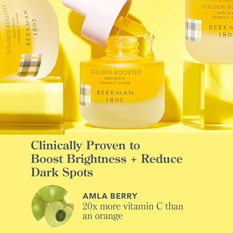 Beekman 1802 Golden Booster Amla Berry Face Serum – Plant-Based Vitamin C Alternative – Brightening & Tone-Evening Serum – Helps Reduce the Look of Dark Spots – Sensitive Skin Safe – 1 fl oz