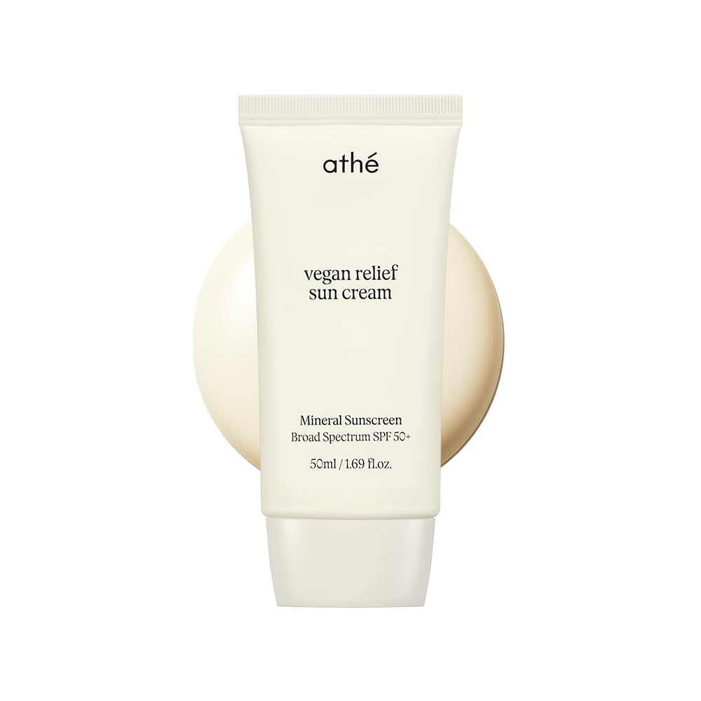 athé Vegan Relief Sun Cream SPF 50+ Broad Spectrum – Fragrance-Free | Sea Buckthorn Oil + 6-Type Hyaluronic Acid + Centella | No White Cast | Vegan K-Beauty | 1.69 fl.oz