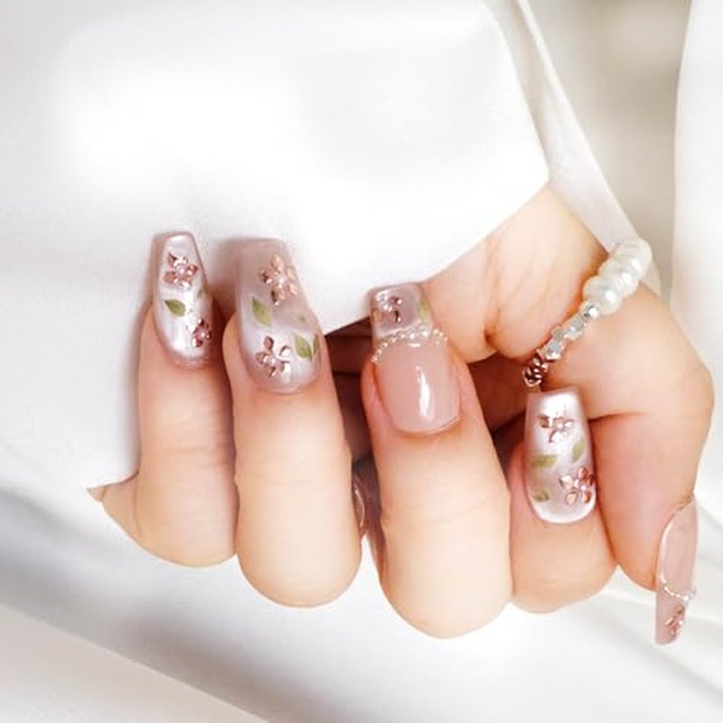 [GLORS] Medium Ballerina Press On Nails, Nude Pink with Rose Gold Foil and Pearl Accents, 10 Pieces (Small, MB)