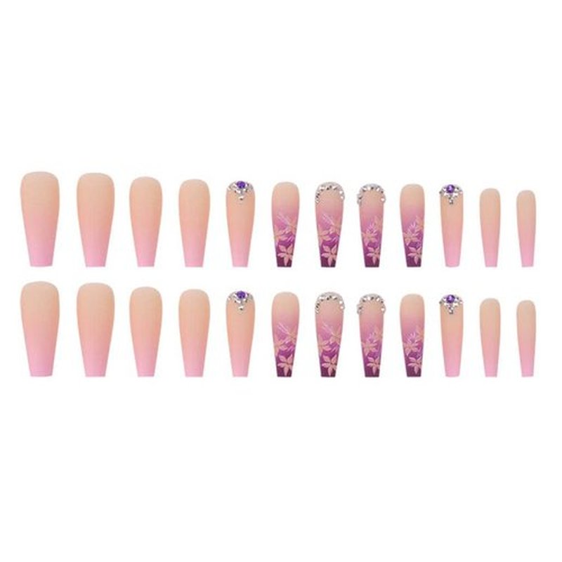 Foccna Artificail Extra Long Press on Nails, Rhinestone Pink Fake Nails with Glitter Acrylic Full Cover Fake Nails with Design Nail Tips for Women&Girls, 24PCS
