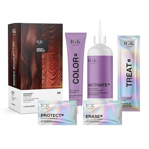 IGK Permanent Hair Color Kit - 6R Smoky Scarlet | Intense Auburn | 100% Gray Coverage, Strength & Shine