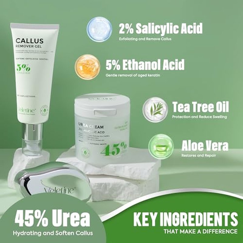 veletine Tea Tree & Aloe Foot Care Set - Urea Cream,Callus Remover Gel & Foot Callus Remover,10Pairs Mask Sleeves for Dry Cracked Feet - Pedicure Kit for for Birthday Valentine's Women Men Gift
