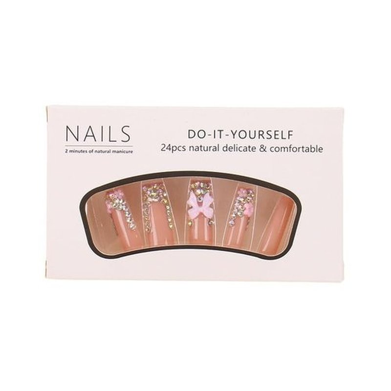 Long Press Long Nails Coffin French Tips with Design 3D Bow Flower Rhinestone Bling Artificial Glue On Nails - Full Cover Glossy Acrylic - 24 Pcs