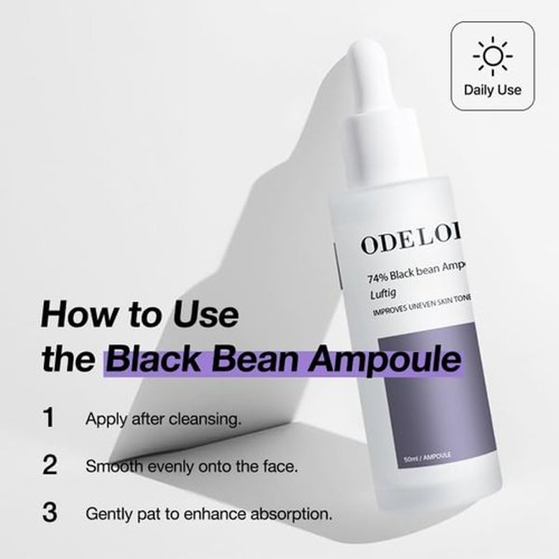 ODELOI Black bean 74% Ampoule Luftig 1.69 fl.oz / 50ml, Skin Calm Ampoule with Skin Vitalizing, for Sensitive and Combination Skin, Mild Ampoule for Face, Korean Skin Care