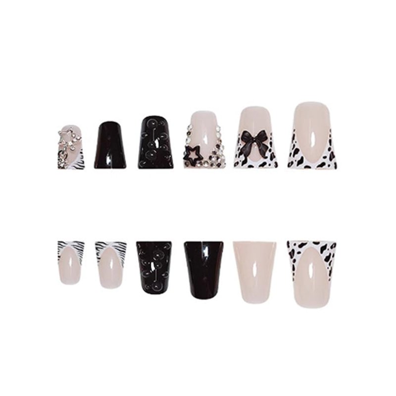 YIHONGYAN Press on Nails Square Short Fake Nails Press ons Nail Art Tips Artificial Acrylic Kit Full Cover Black Duck Mouth False Nails with Cute Bow Star Charms Design Stick on Nails Women 24Pcs