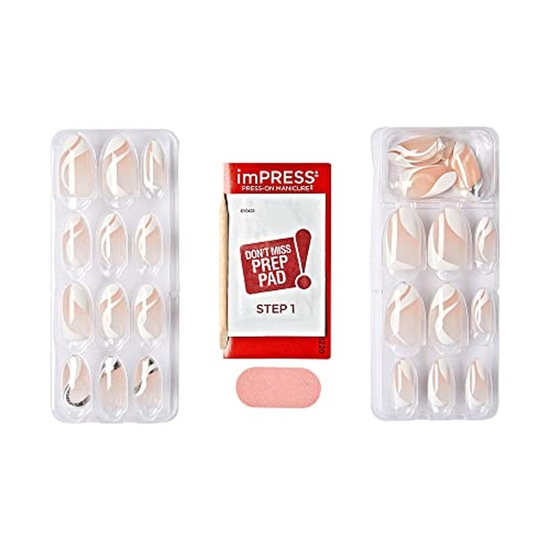 KISS imPRESS No Glue Mani Press On Nails, Design, 'On My Mind', White, Medium Size, Almond Shape, Includes 30 Nails, Prep Pad, Instructions Sheet, 1 Manicure Stick, 1 Mini File
