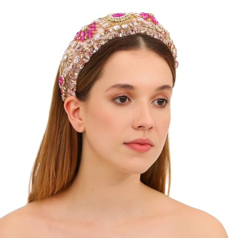 Luxury Baroque Big Wide Crystal Headband for Women Pearl Rhinestone Bead Decorative Hairband Jeweled Head Hoop Party Accessories (HDDY1077-pink)