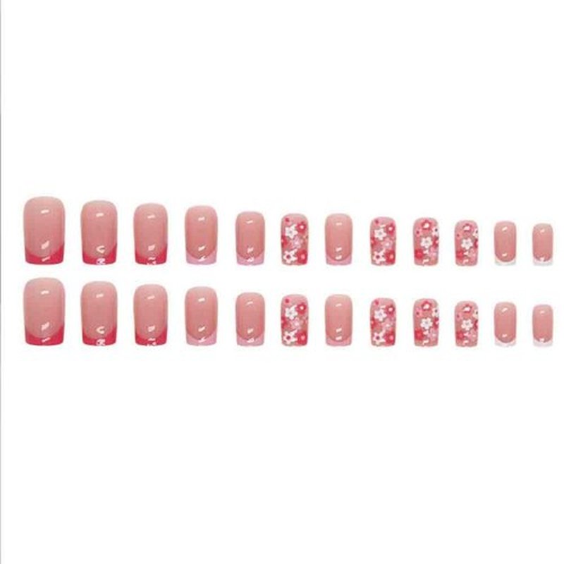 Foccna Square False Press on Nails Pink Medium Acrylic Fake Nails Flower Design for Girl Full Cover Wear Finger Nail Art Tips for Women&Girls 24PCS