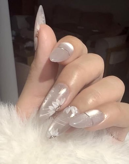 Handmade Press On Nails impress Fake Nails Medium Almond pruple white Ice flowers Hand Painting Crystal Manicure False press ons Nail Artificial (M size)