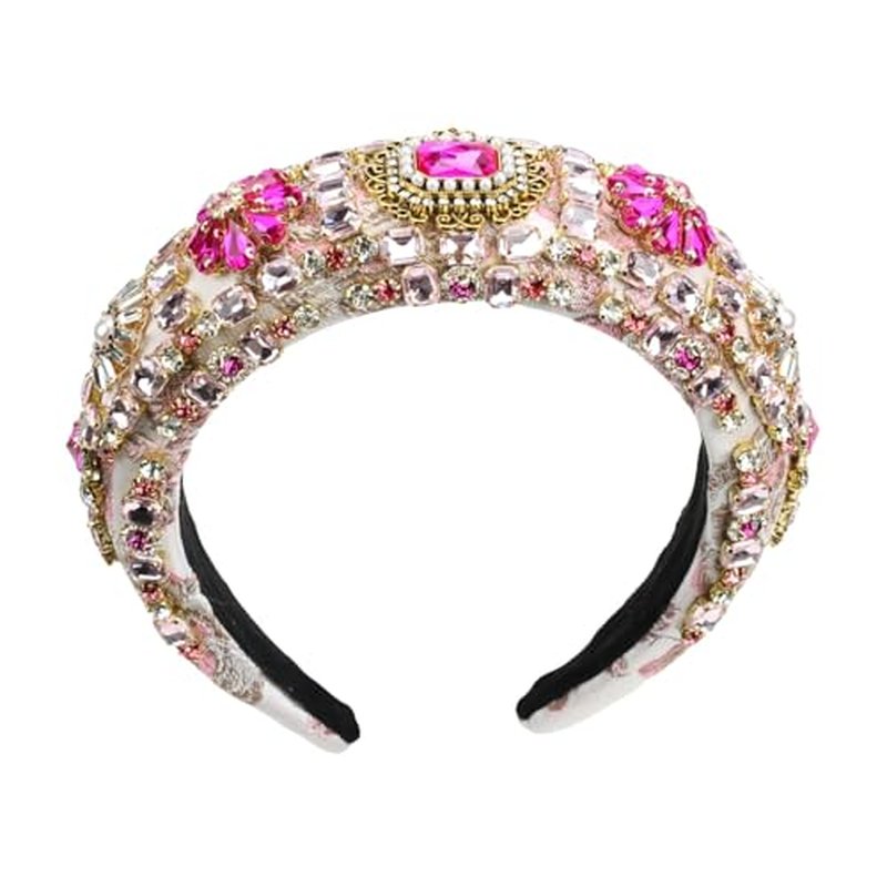Luxury Baroque Big Wide Crystal Headband for Women Pearl Rhinestone Bead Decorative Hairband Jeweled Head Hoop Party Accessories (HDDY1077-pink)