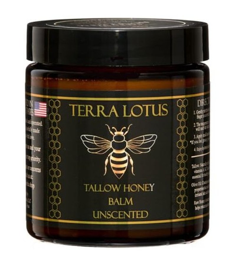 Terra Lotus - Organic Grass-Fed Beef Tallow Balm with Raw Honey - Moisturizing Cream for Soft, Smooth Skin - Handmade All-Natural Moisturizer (4oz, Unscented)
