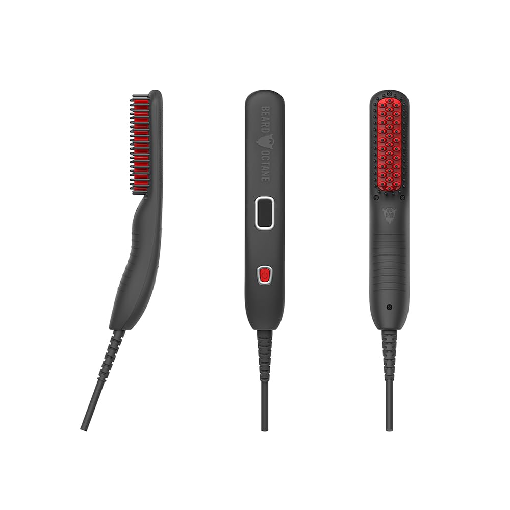 Beard Straightener for Men (Corded) – Ceramic Heated Brush Kit with Beard Oil & Unscented Beard Balm – Smooths & Styles Beards – Beard Octane