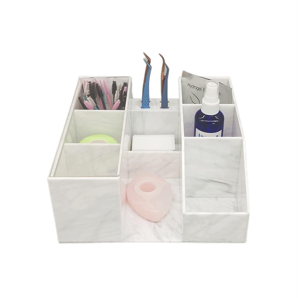 LIXIMMAZN Acrylic Large Capacity Makeup Organizer, Grafting Beauty Extension Supplies Lash Storage Display, Eyelash Storage Case Brush Tweezers Cosmetic Holder (White Marble)