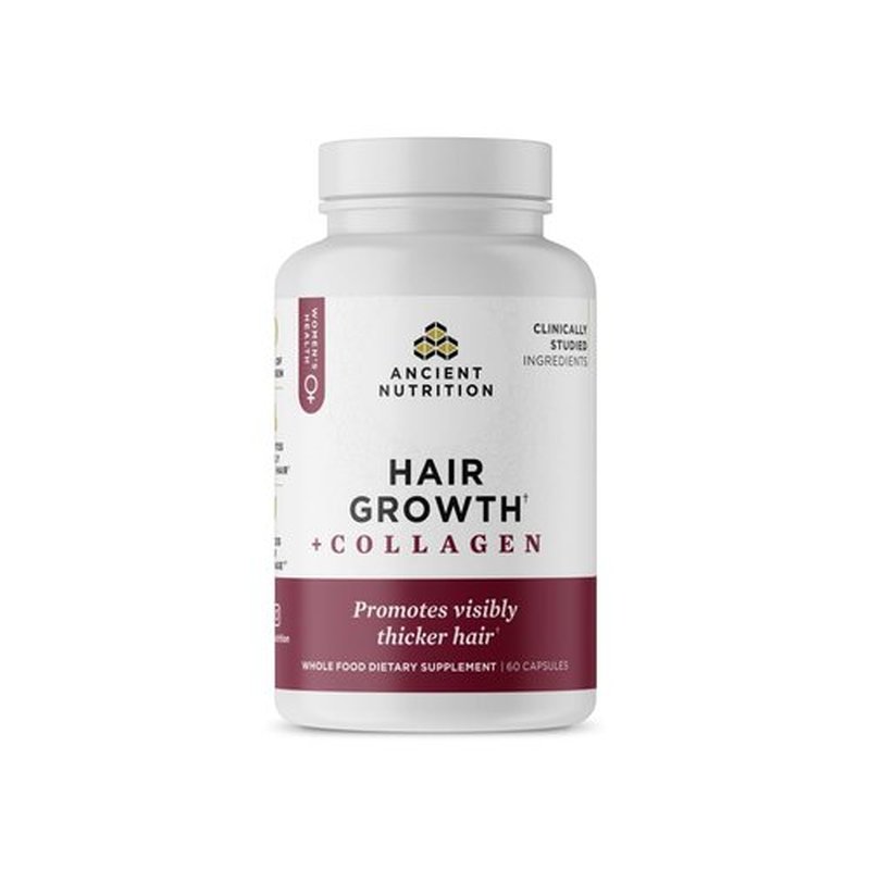 Ancient Nutrition Hair Growth + Collagen Supplement, Hydrolyzed Collagen Peptides, Clinically Studied Superfoods for Hair Growth Support, Thicker, Fuller Hair and Radiant Skin, 60 Count