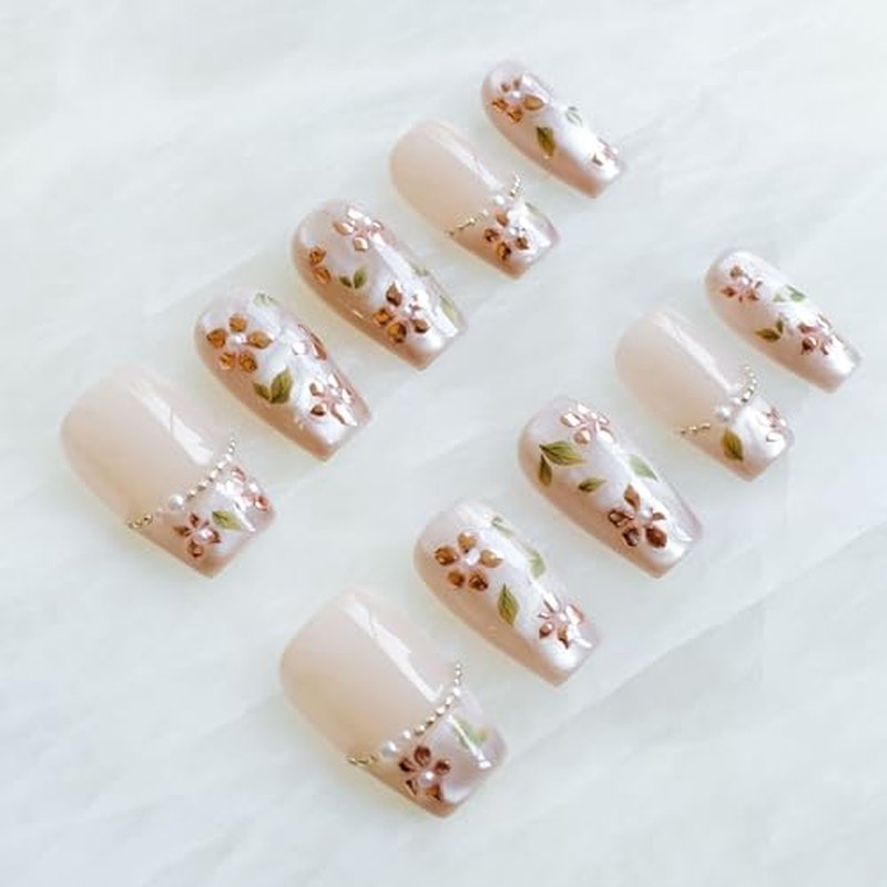 [GLORS] Medium Ballerina Press On Nails, Nude Pink with Rose Gold Foil and Pearl Accents, 10 Pieces (Small, MB)