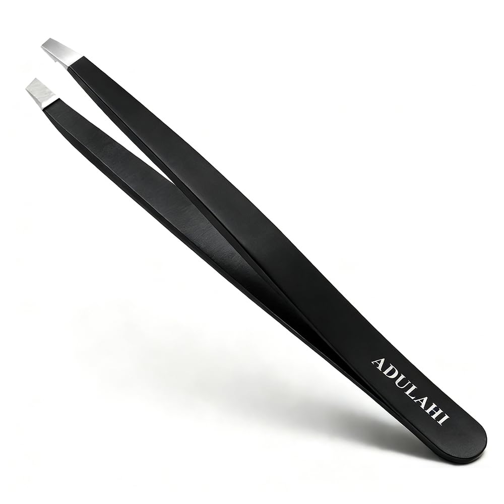 ADULAHI Professional Slant Tweezers for Eyebrows & Facial Hair - Precise Aligned Carbon Stainless Steel Remover with Storage Case(Black)