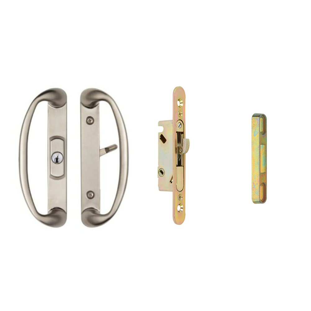 Rockwell Security Sonoma Patio Sliding Door Center Keylock Handle Set with Mortise Lock and Keeper Brushed Nickel Finish Fits 1-3/4 Inch Thick Doors with 3-15/16 Inch Screw Holes CTC