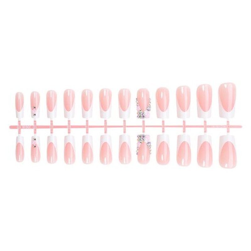 Foccna Press on Nails Pink French Fake Nails Medium Rhinestone Square Bling White Nails Glossy False Nail Tips Artificial Nails Luxury Finger Manicure for Women and Girls,24pcs (Square Nails 3)