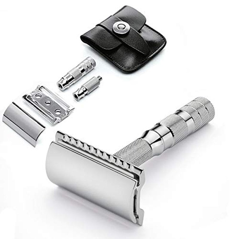 MERKUR 933C Travel Safety Razor - Compact Three-Piece Design with Leather Case, Chrome Finish