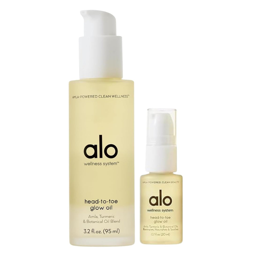 ALO Head-to-Toe Glow Oil + Travel | Glow-Boosting Natural Dry Body Oil | Jojoba, Amla, Aloe & Vitamin E | Hydrates & Nourishes Skin | Citrus Scent | 3.2 + 0.7 Oz