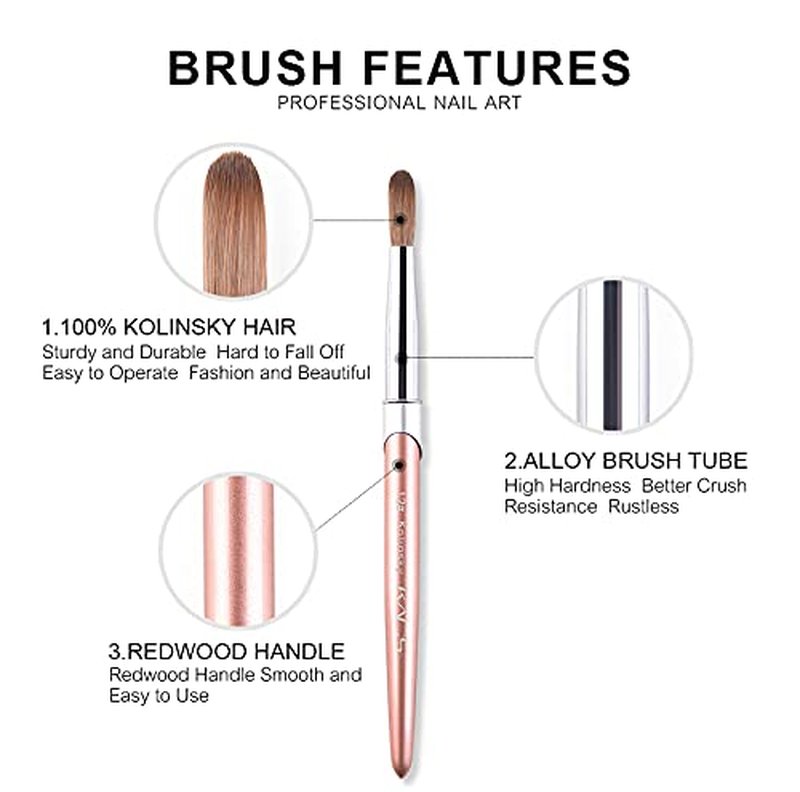KADS 100% Kolinsky Sable Acrylic Brush Nail Brush for Acrylic Application Round Head Crimped Nail Art Brush Manicure Tool (12#)