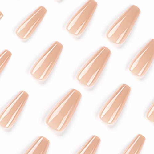 Foccna Coffin Press on Nails Nude Long Acrylic Artificial Nails Simple Glossy Fake / False Nails with Glossy Ballerina Nails for Women and Girls,24Pcs