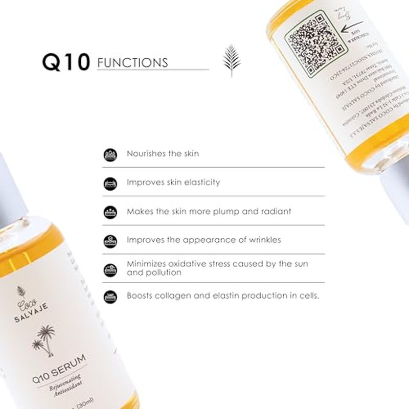 COCO SALVAJE Q10 Facial Serum | Antioxidant Wrinkle-Reducing COQ10 Vitamin E Serum for Brightening and Plumping Skin and Face | Hydrating Skin Care Oil for Women, Men, and Aging Skin | 1oz