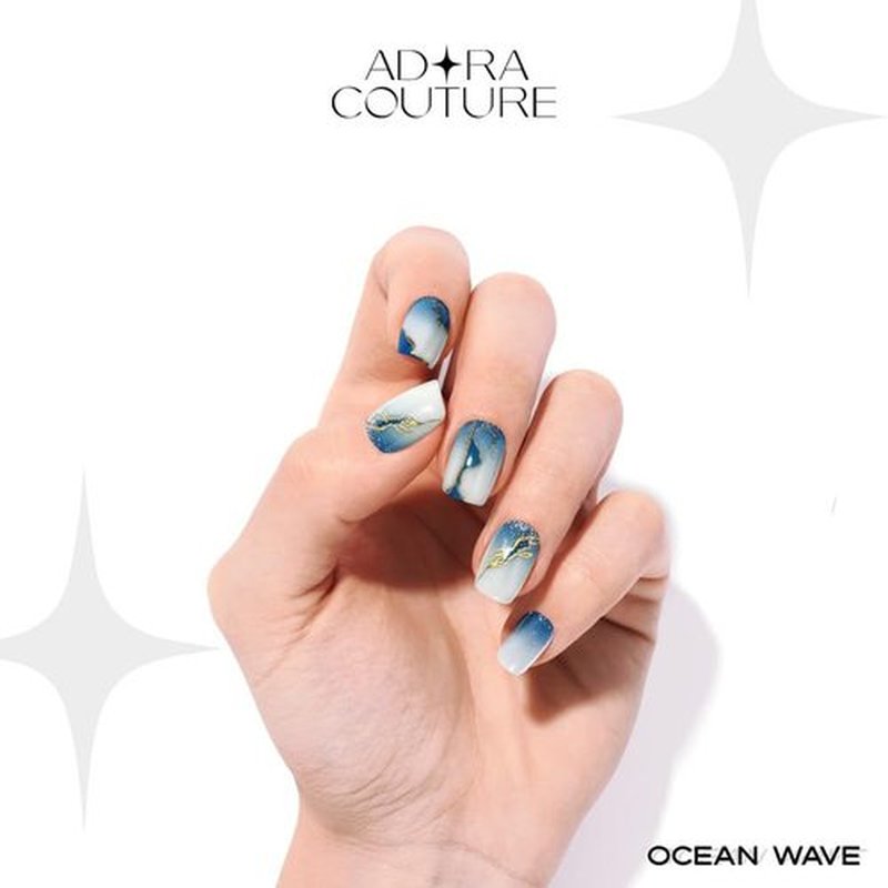 Semi-Cured Gel Nail Strips - 20 Salon-Quality Gel Sticker with UV Light Required, Long Lasting, Easy Application & Removal, Includes Prep Pad, Nail File, Wooden Stick (Blue Oceanwave)