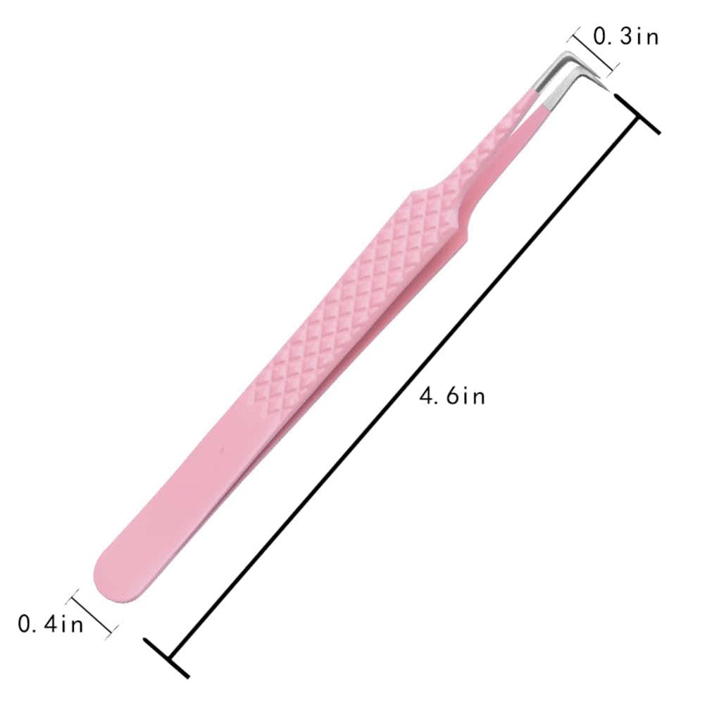 EYAKEG 90 Degree Lash Tweezers for Eyelash Extensions, Precision Fiber Tip Grip Mega Volume Lash Tweezers, Pink