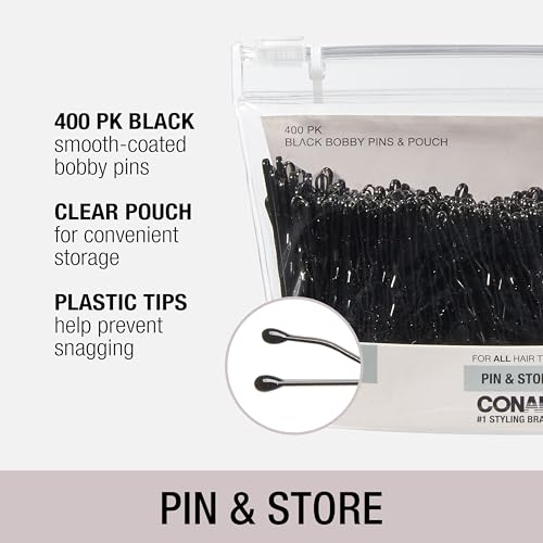 CONAIR Black Bobby Pins with storage 400pk - hair accessories for women - rubber tipped and nonslip - ideal with brown hair - comfortable hair pins - clear zipper pouch included