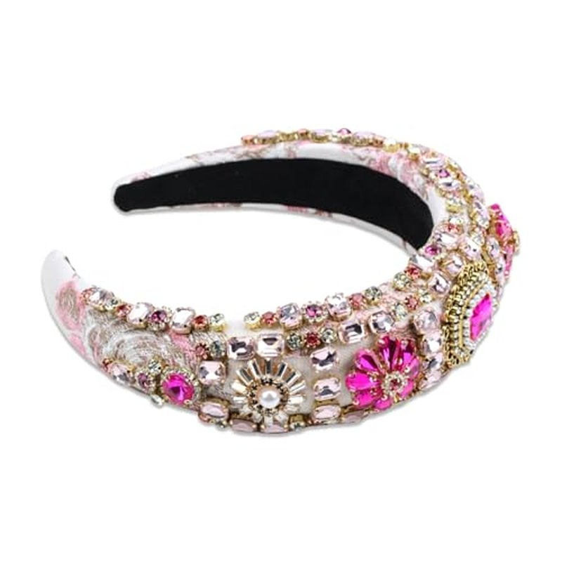 Luxury Baroque Big Wide Crystal Headband for Women Pearl Rhinestone Bead Decorative Hairband Jeweled Head Hoop Party Accessories (HDDY1077-pink)