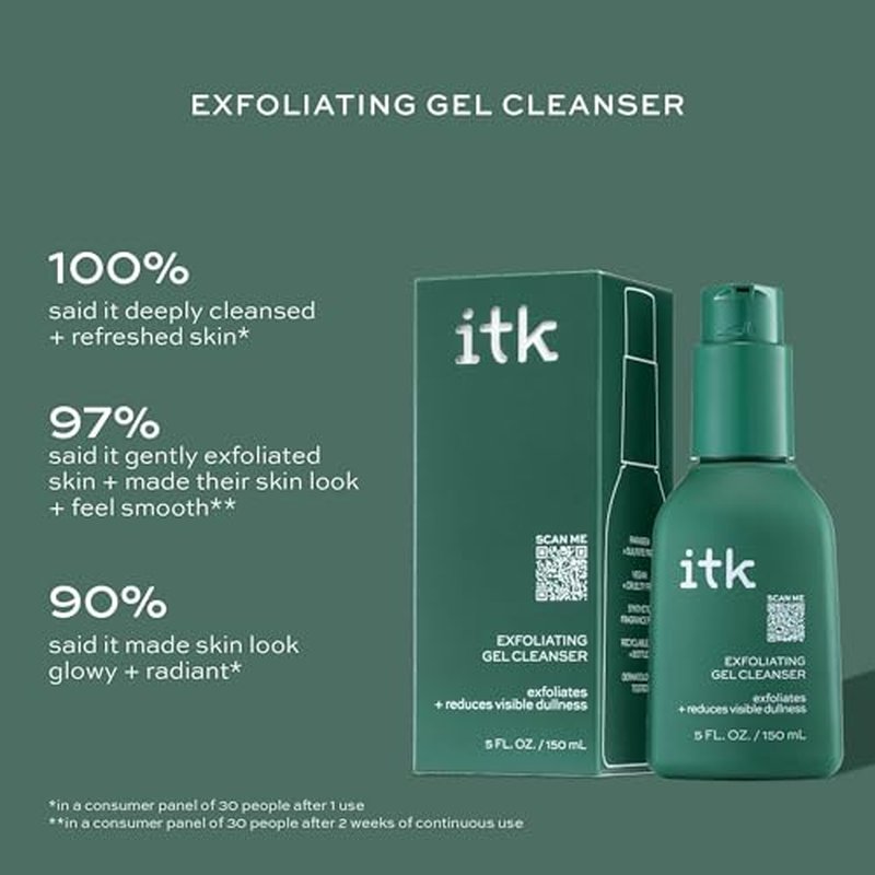 ITK Exfoliating Facial Gel Cleanser - Face Wash to Brighten + Smooth Skin - Dissolves Makeup + Grime Gently- Even-Toned Skin - Glycolic Formula to Brighten Skin, for Normal to Oily Skin, 5 Fl Oz