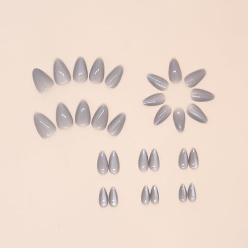 Citchniboul Press on Nails Almond - Grey Cat Eye French Tip Fake Nails, Glazed Glue On Nails for Women Gifts, Natural Stick On Nails in 12 Sizes - 24 Soft Gel Fake Nail Kit，Starry Sky
