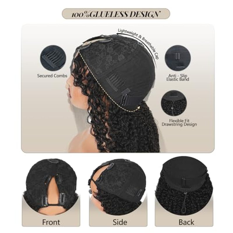sterly V Part Wig Human Hair Glueless No Leave Out Upgrade U Part Wigs Burmese Curly Wig with Spiral End Deep Curly Wigs For Women Full Head Clip In Half Wigs 200% Density 18inch