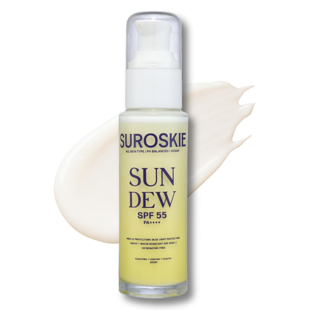 Suroskie Sun Dew SPF 55 PA++++ Sunscreen, Water-Resistant, Lightweight Formula with Lavender and Niacinamide, 50ml