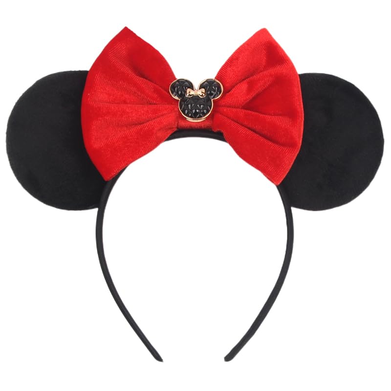 XINGKANG Women's Mouse Ears Headband Black Velvet Red Bow Cute Hair Accessory for Party Costume Cosplay Birthday Gift