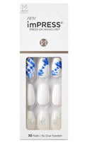 KISS Impress No Glue Mani 30 Pcs Press on Nails, White Nails with Glitter, Blue Tie-Dye Design, Medium Size, Coffin Shape Simple Peel & Press Easy Apply, Hassle-Free Removal, Essential Tools Included