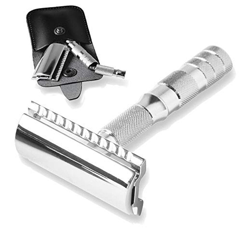 MERKUR 933C Travel Safety Razor - Compact Three-Piece Design with Leather Case, Chrome Finish