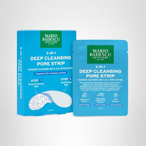 Mario Badescu 2-in-1 Deep Cleansing Pore Strip, Dual Action Foaming Cleanser and AHA Exfoliators Patches for Nose, Chin and Forehead, Removes Whiteheads, Blackheads and Sebum, 6 Pack