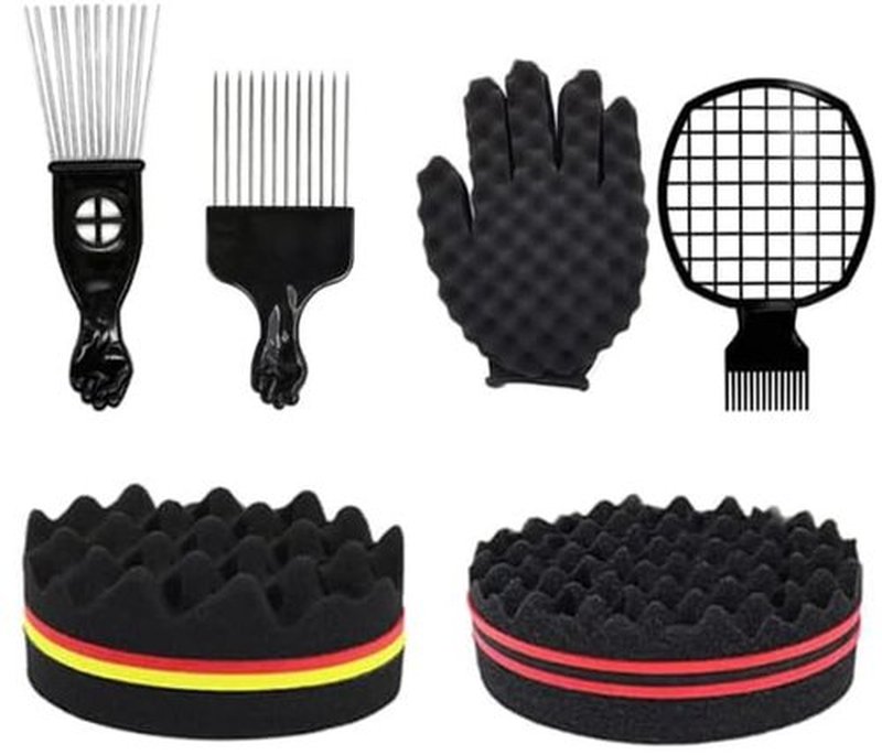 KHQBG Hair Sponge Set,Afro Brush, Magic Curl Glove, Metal Pick Comb, and Twist Comb for Hairstyling (Black-6Pcs)