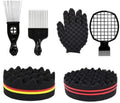 KHQBG Hair Sponge Set,Afro Brush, Magic Curl Glove, Metal Pick Comb, and Twist Comb for Hairstyling (Black-6Pcs)
